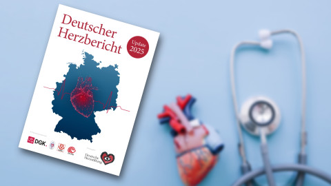 Titelbild des Herzberichts 2025 mit einer Collage aus einem anatomischen Herz und einem Stethoskop