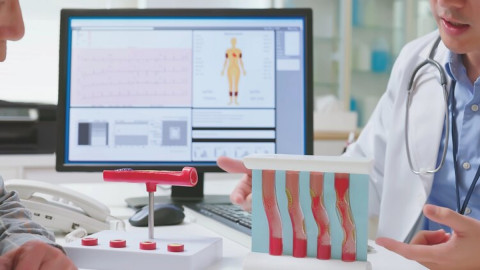 Gefäßerkrankungen erklärt anhand eines Blutgefäßmodells zu Untersuchungsergebnissen, Arterienverstopfungen und Verhärtungen